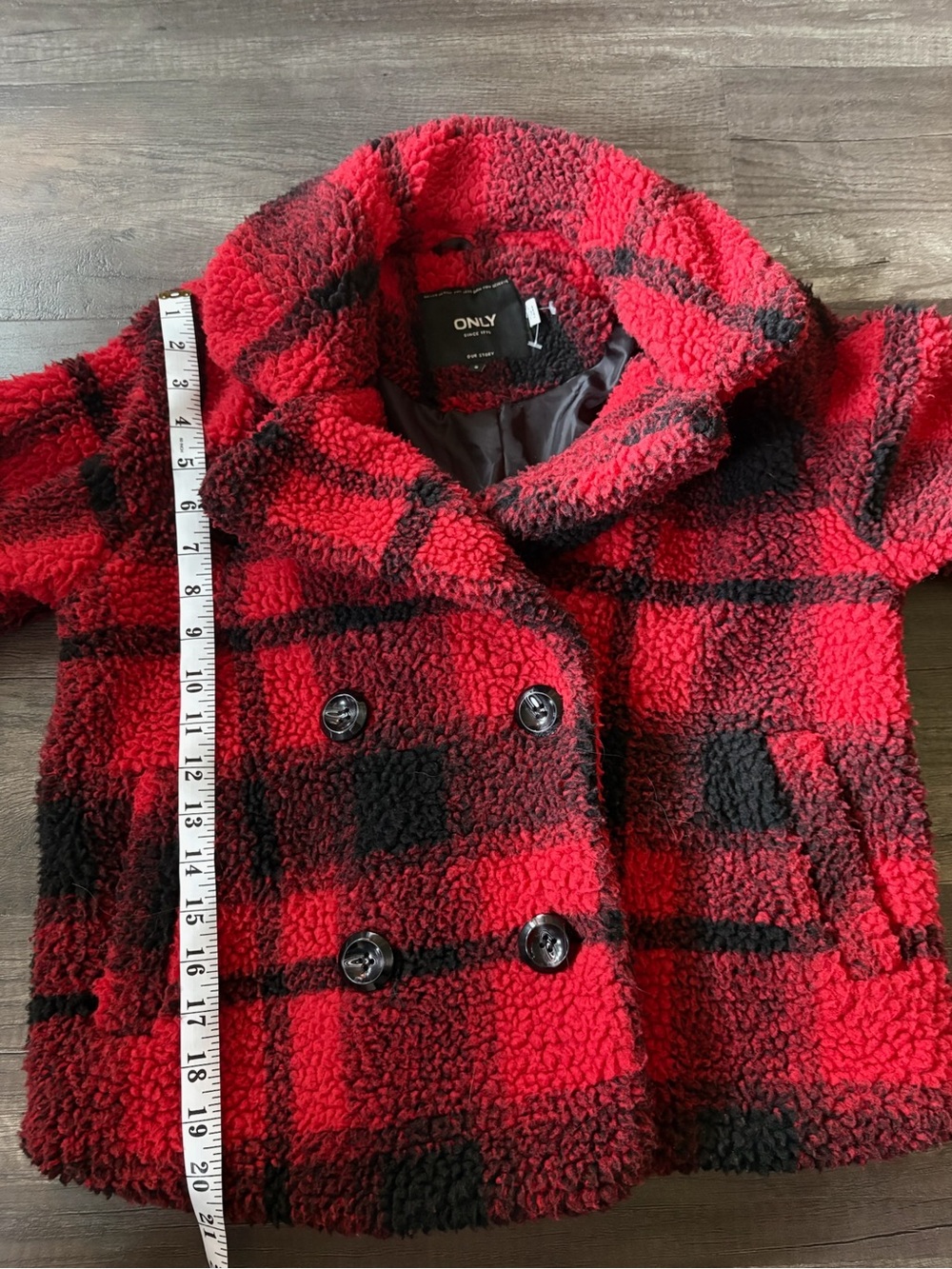 ONLY Red Black Buffalo Plaid Faux Shearling Sherpa Peacoat Jacket Small - Picture 6 of 7